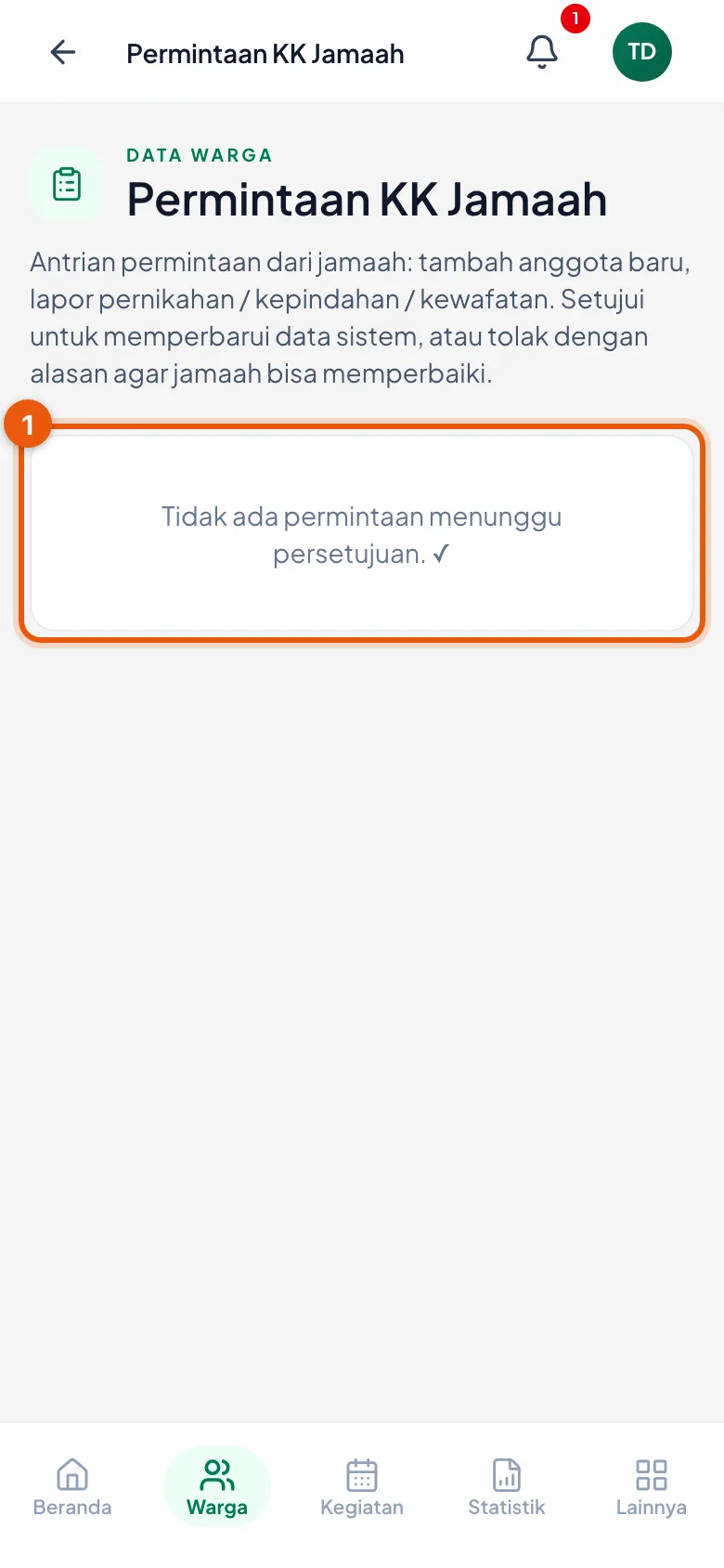 Kalau belum ada laporan yang menunggu, halamannya berbunyi Tidak ada permintaan menunggu persetujuan. Itu keadaan normal, bukan tanda halamannya gagal dimuat.