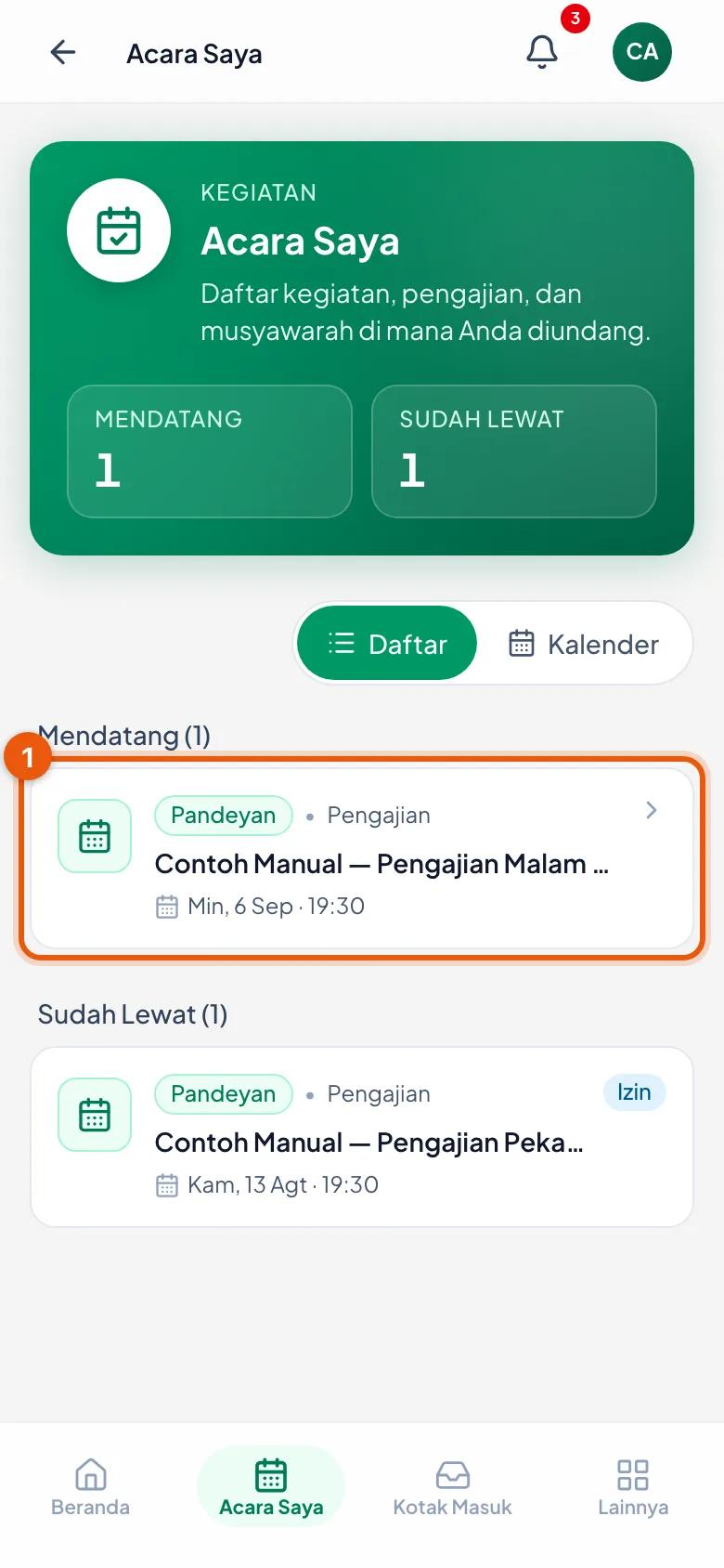 Mendatang dan Sudah Lewat dipisah; ketuk salah satu kartu untuk membukanya.