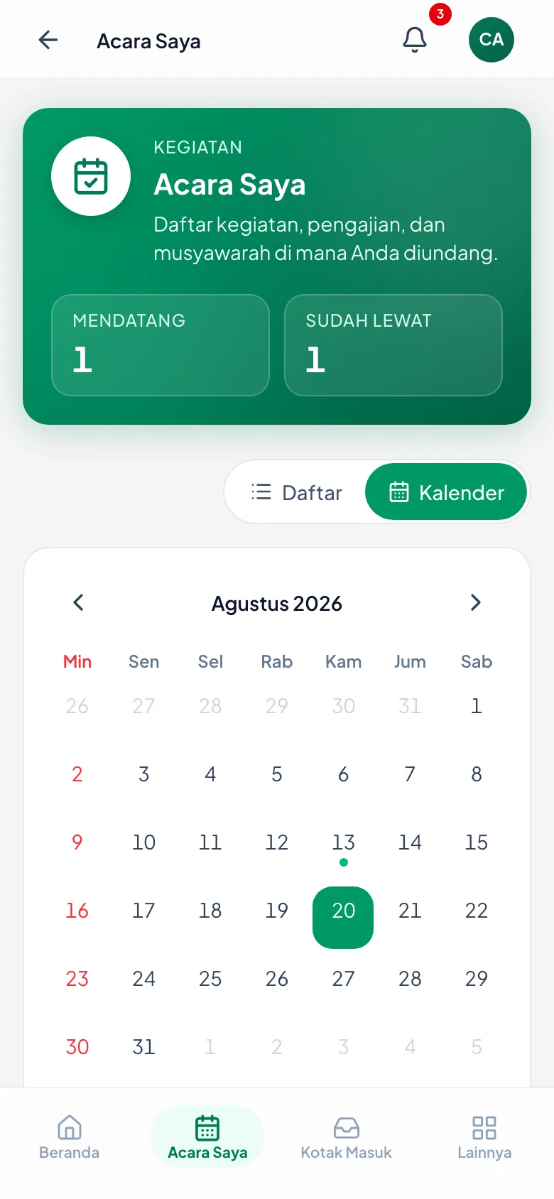 Titik menandai hari yang ada kegiatannya.