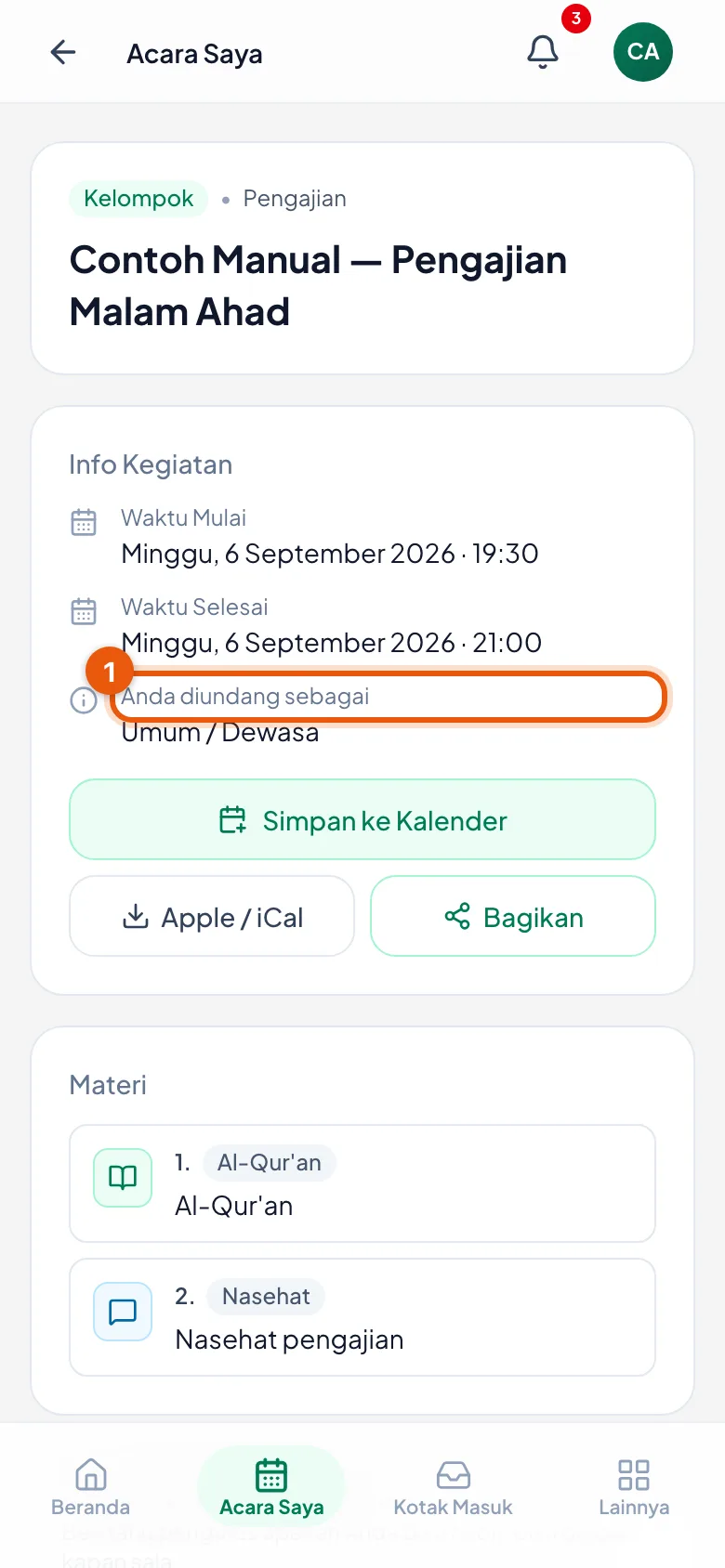 Keterangan "Anda diundang sebagai" menjelaskan dari mana undangan itu datang.