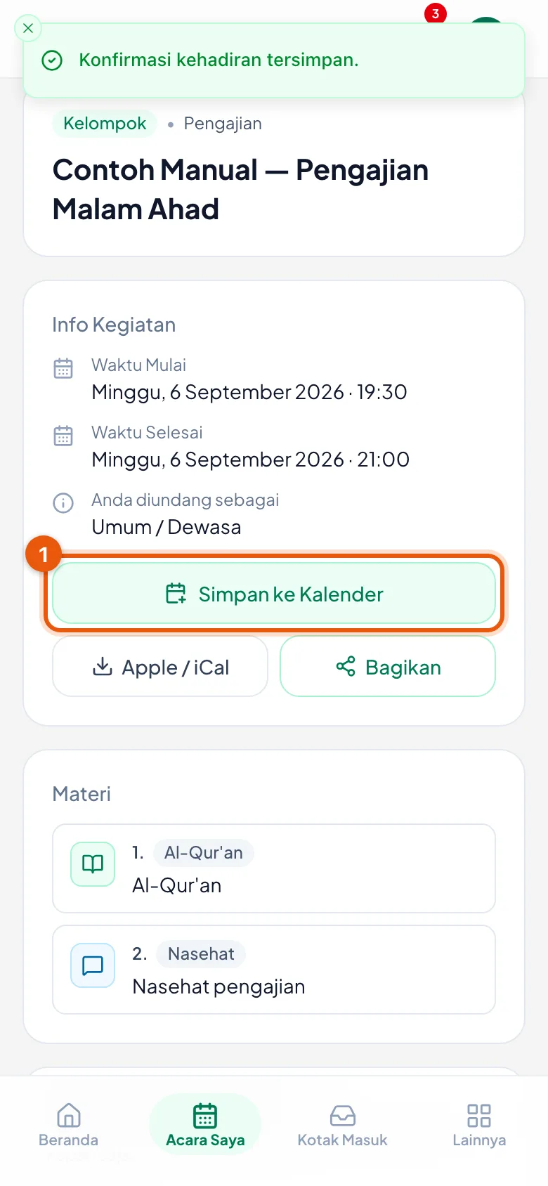 Tiga tombol di bawah keterangan waktu — kalender ponsel, iCal, dan berbagi.