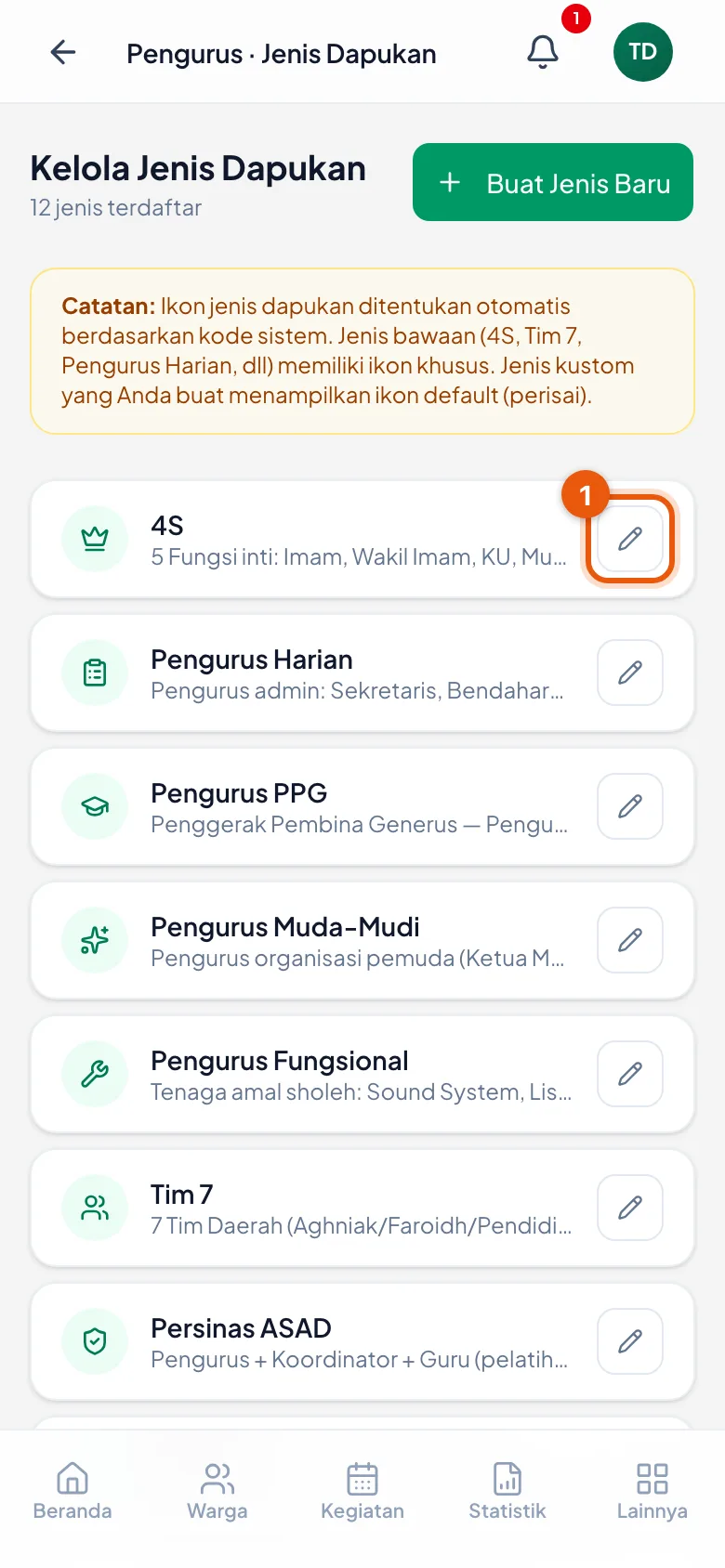 Tombol ber-ikon pensil membuka layar ubah untuk jenis itu.