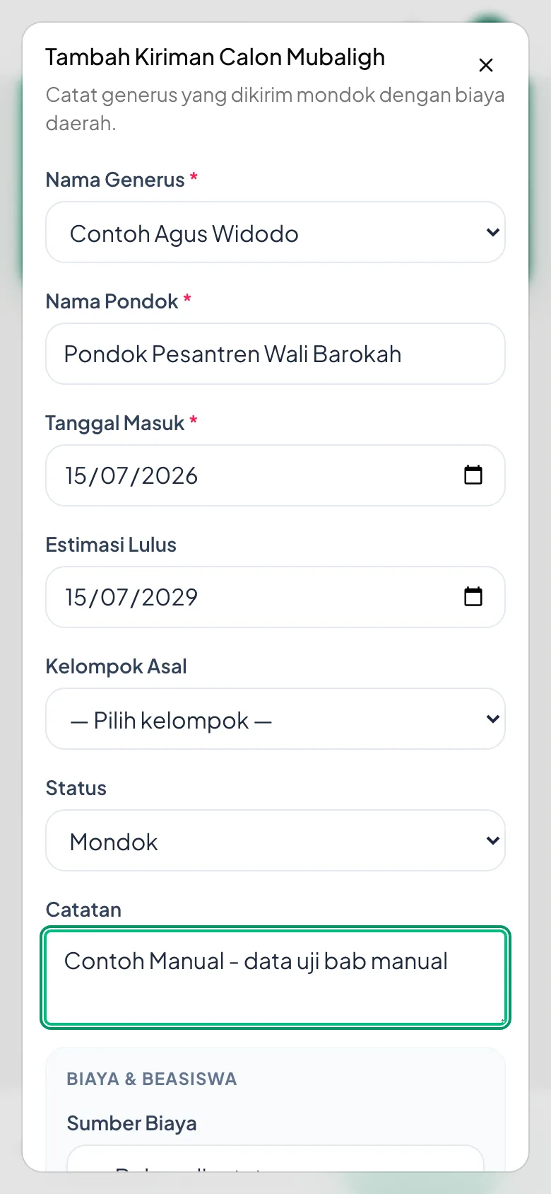 Nama generus dipilih dari daftar; nama pondok dan tanggal diketik.