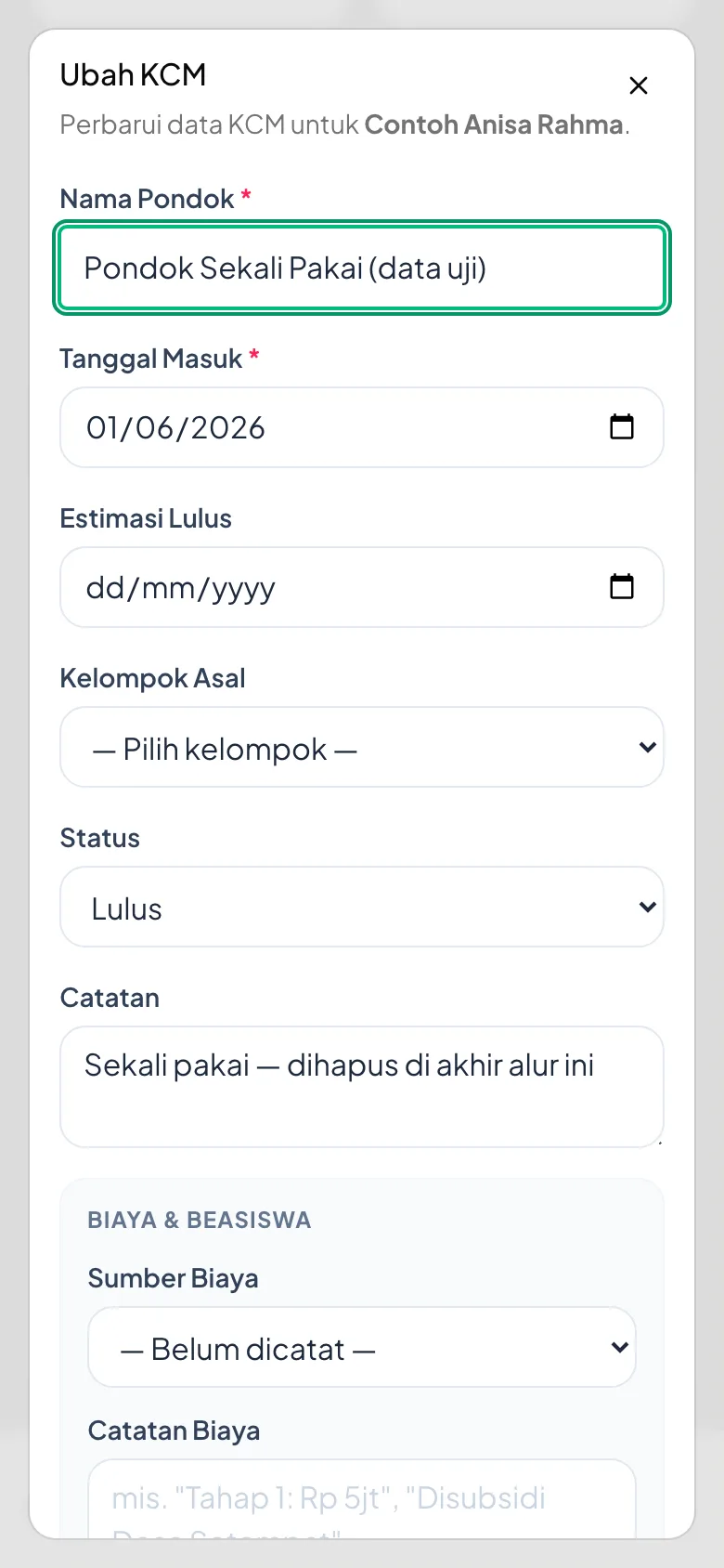 Isian terisi data lama; yang diubah hanya pilihan Status.