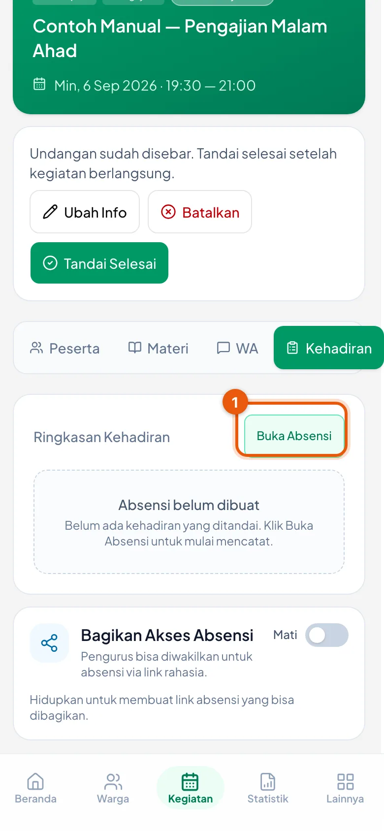 Dari halaman kegiatan, pilih tab Kehadiran, lalu ketuk Buka Absensi.