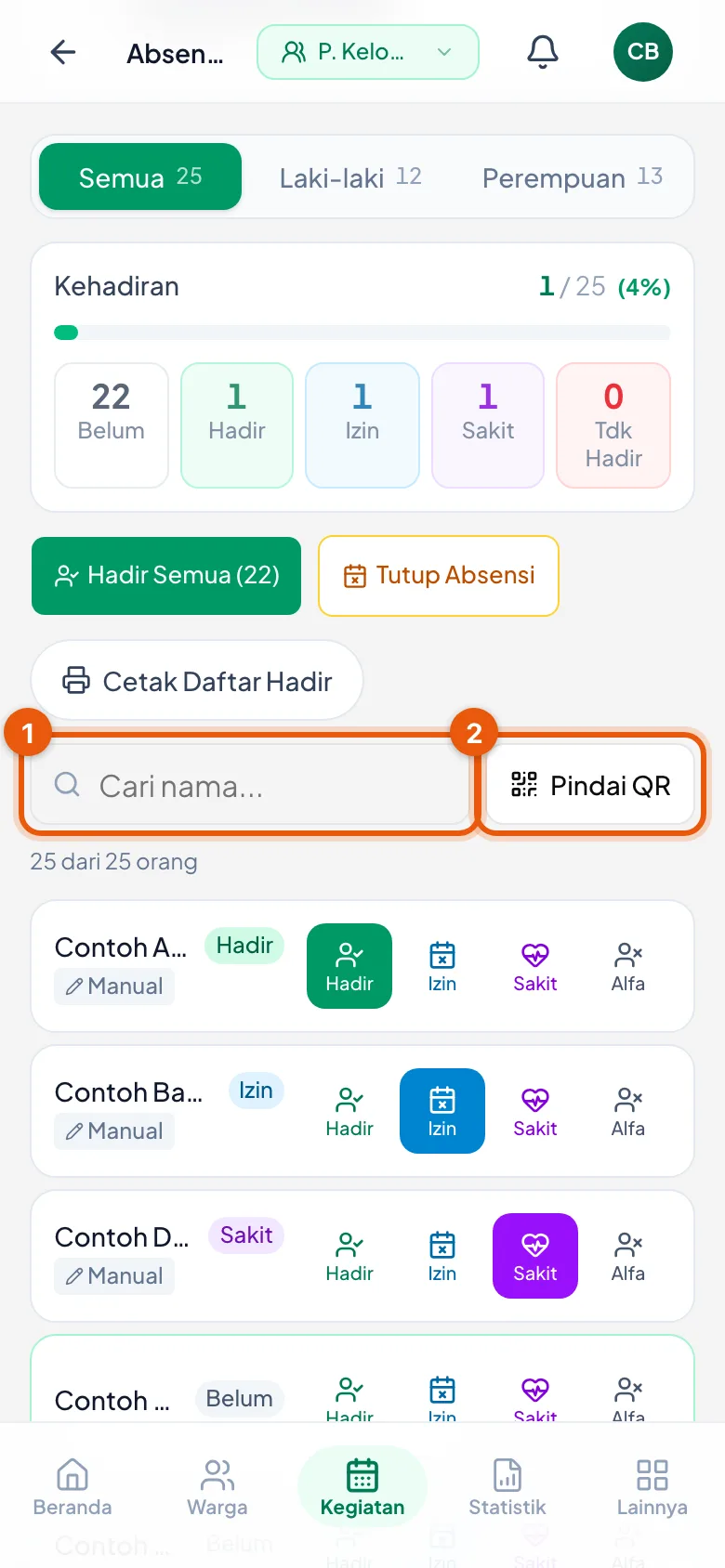 Dua cara mempercepat: menyaring daftar, atau memindai kartu peserta.