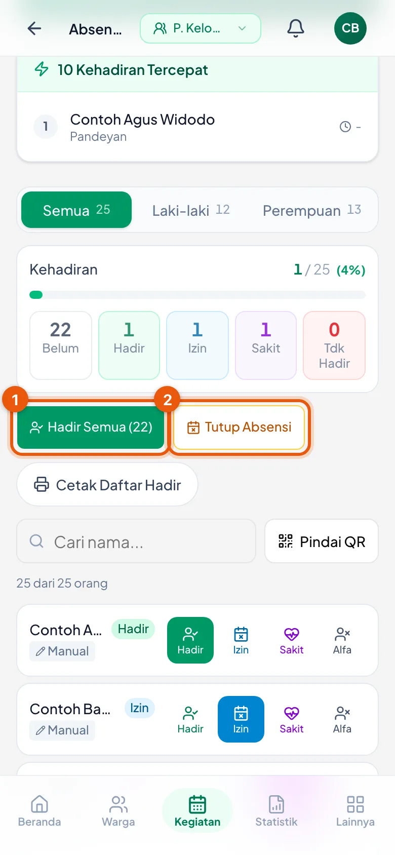 Hadir Semua menandai sisa peserta sebagai hadir; Tutup Absensi menandai sisanya sebagai Alfa.