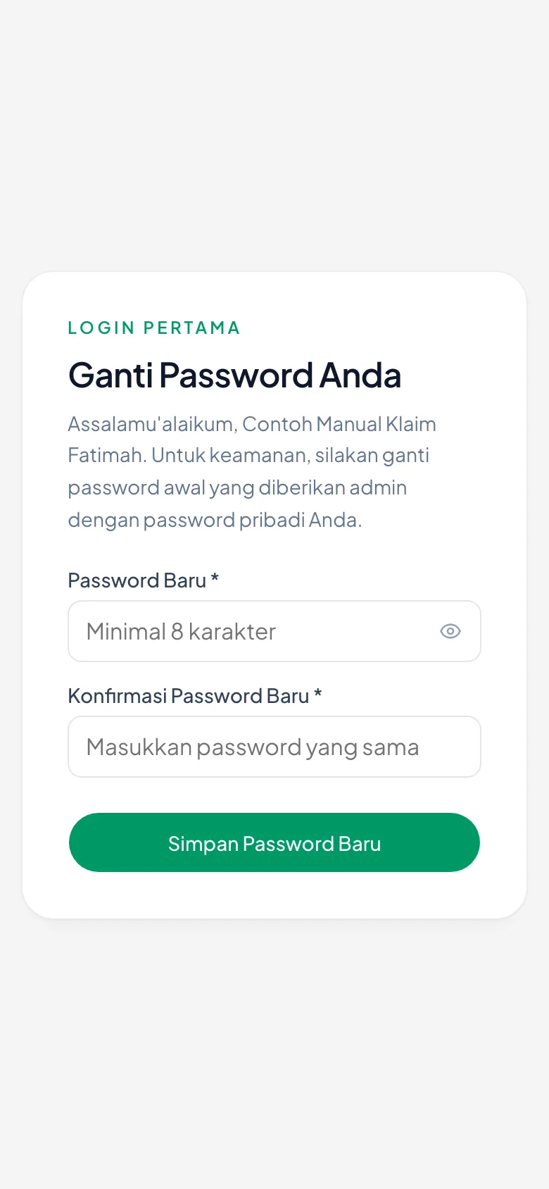 Layar Ganti Password menyapa nama warganya — bukti akunnya benar-benar jadi.