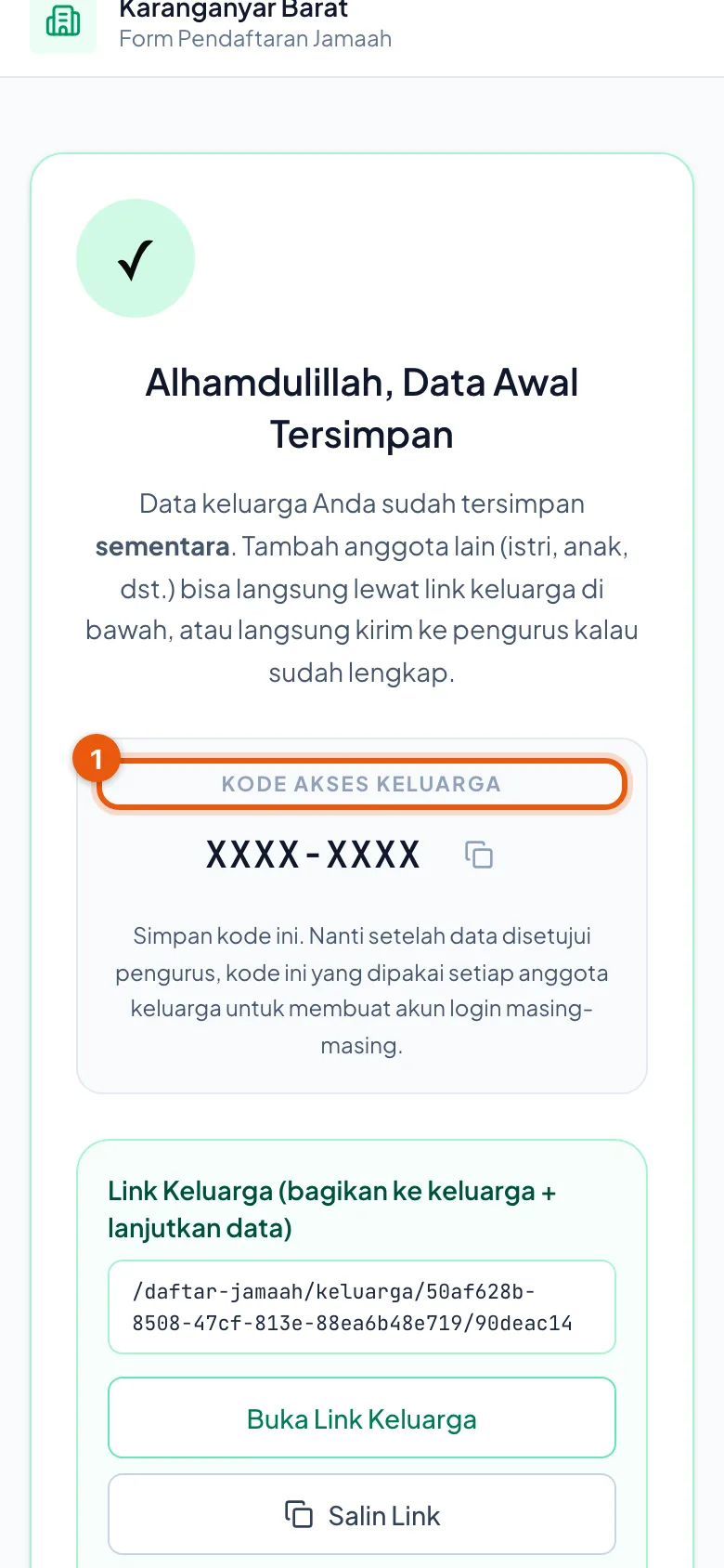 Terbit sekali, di layar yang muncul tepat setelah warga menyimpan form. Di gambar ini kodenya sengaja ditutup.