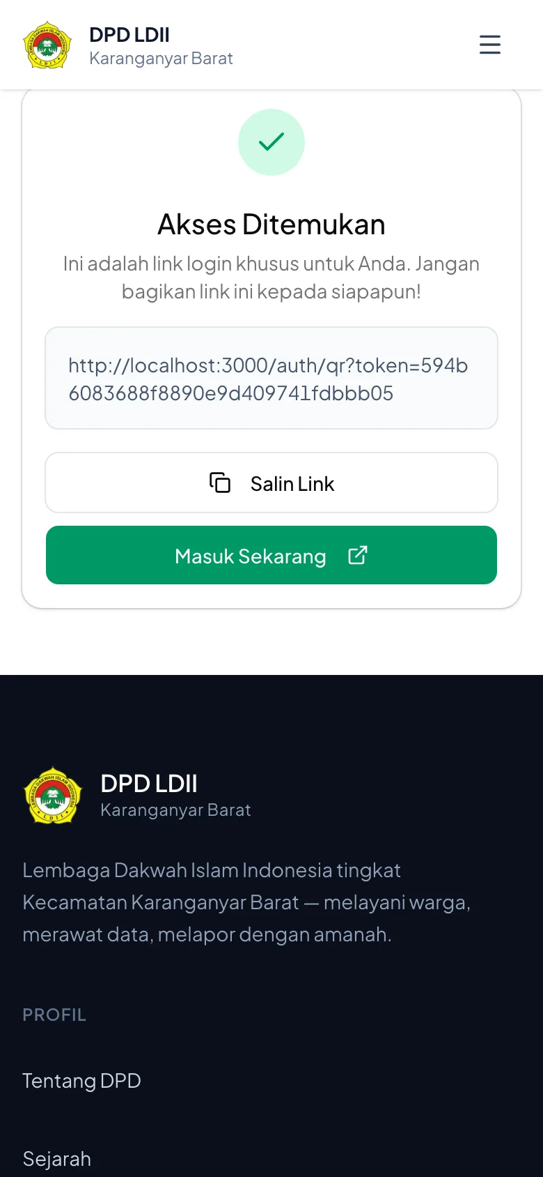Tautan masuk diberikan di layar ini.
