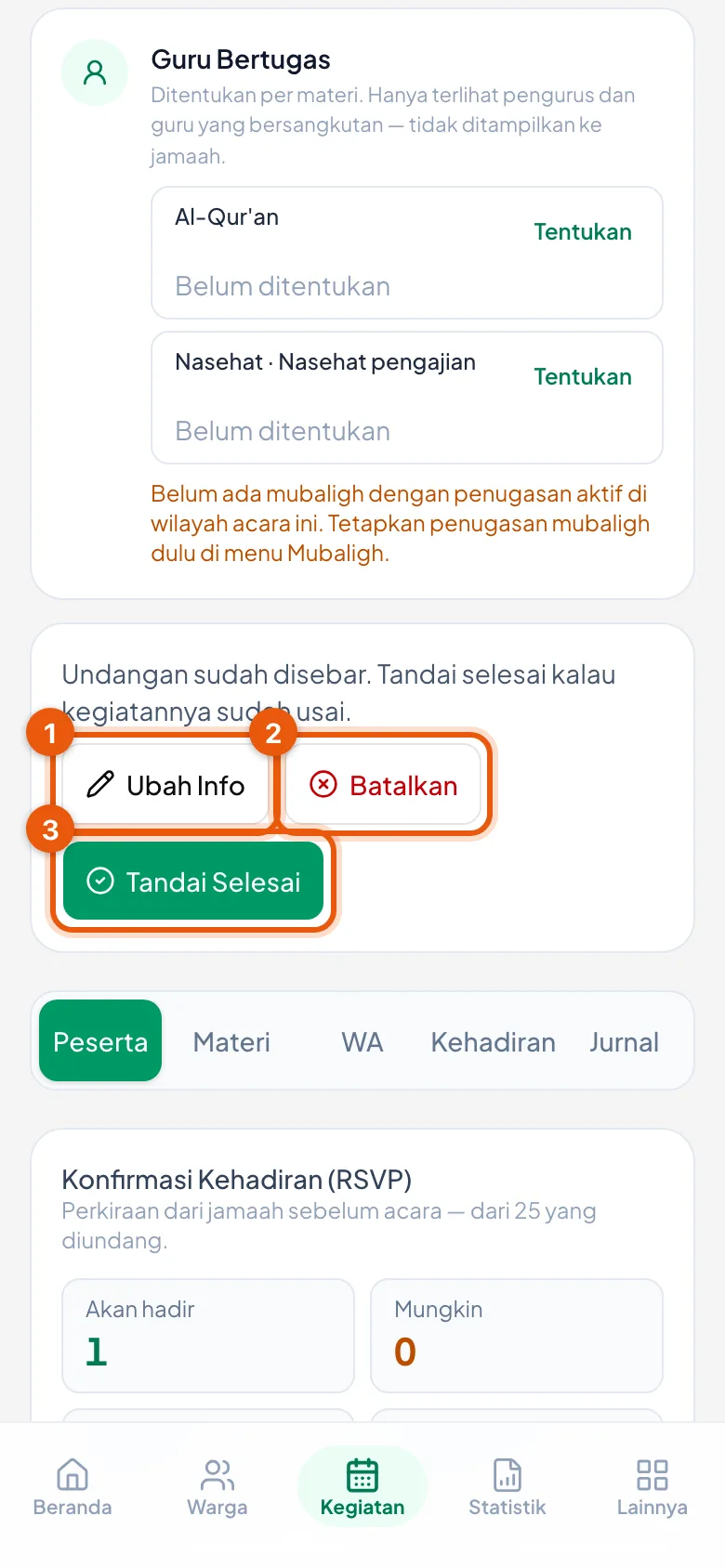 Peragaan: Nomor 1 Ubah Info, nomor 2 Batalkan, nomor 3 Tandai Selesai.