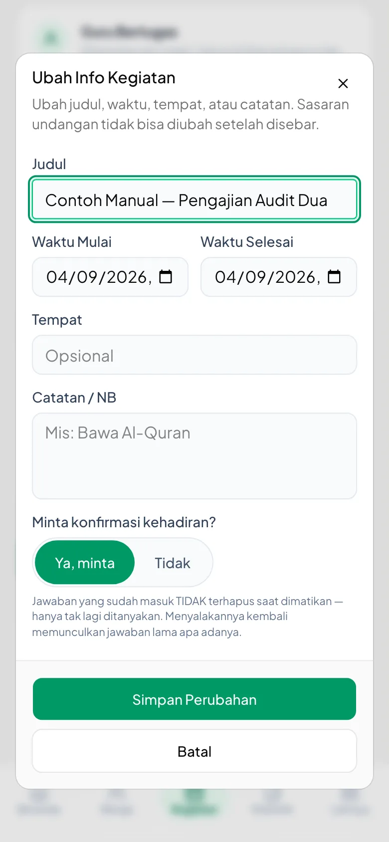Peragaan: Judul, waktu, tempat, dan catatan — semuanya bisa dibetulkan.