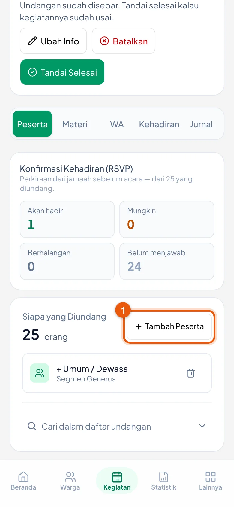 Peragaan: Nomor 1 tombol Tambah Peserta di tab Peserta.
