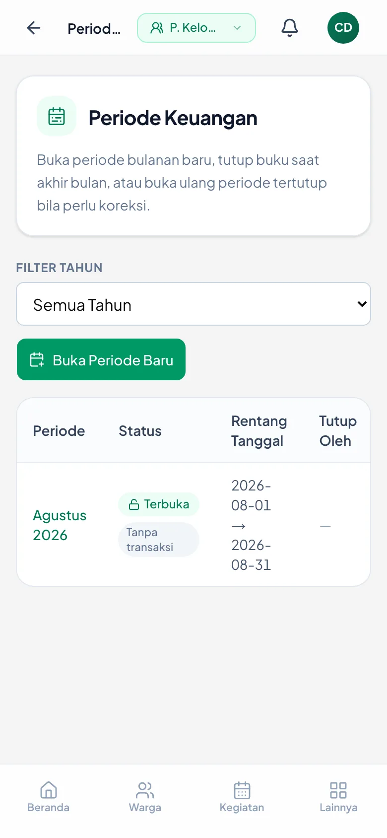 Agustus 2026 berstatus Terbuka dan belum punya transaksi.