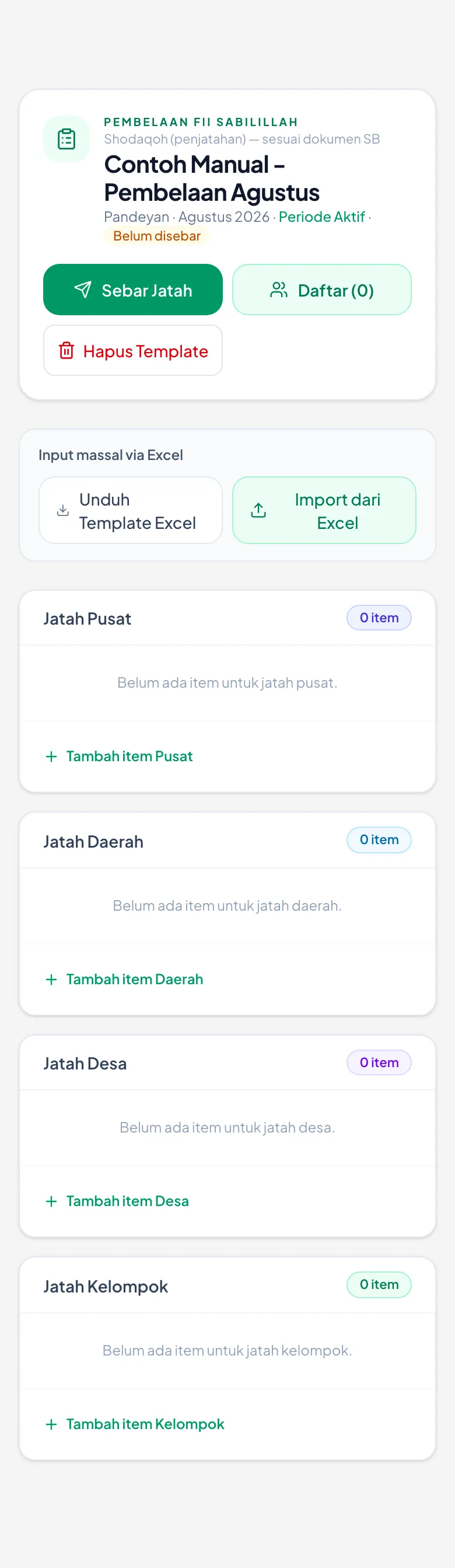 Pusat, Daerah, Desa, Kelompok — masing-masing punya daftar itemnya sendiri.