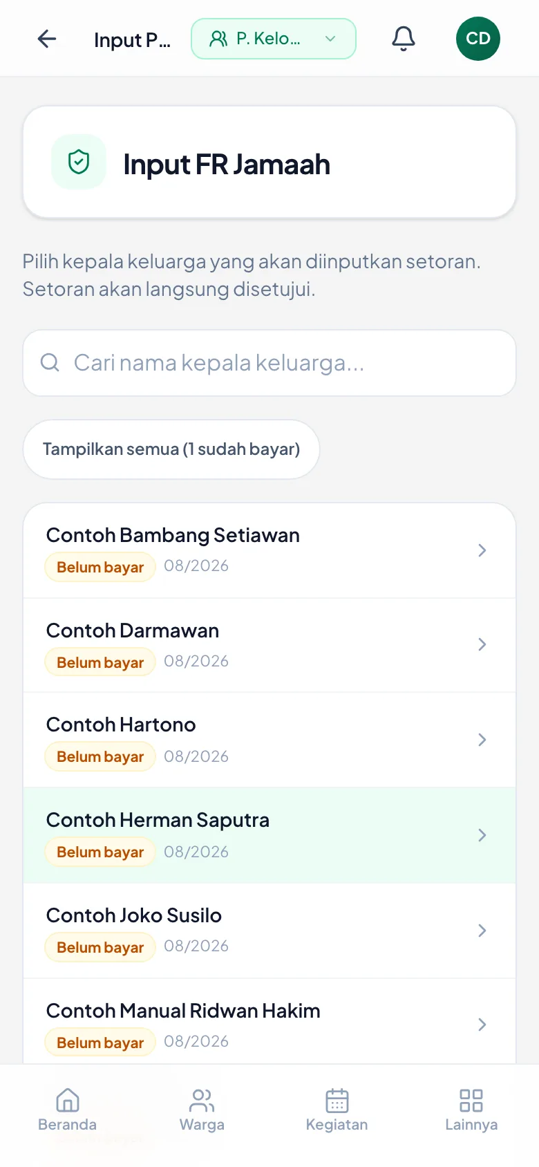 Namanya hilang dari daftar, dan tombolnya kini menyebut satu keluarga sudah bayar.