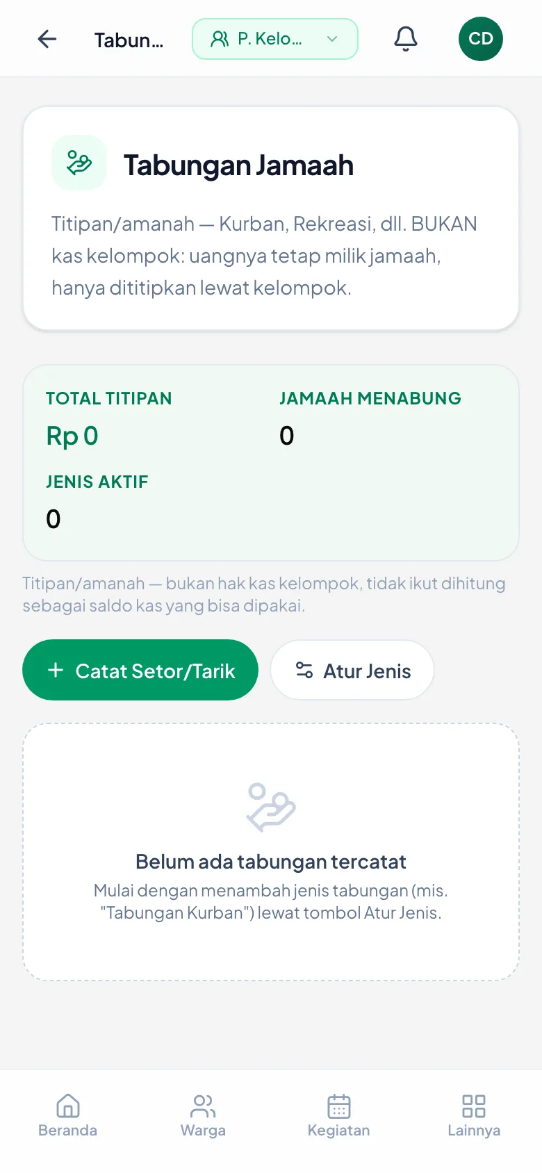 Tiga penghitung di atas: total titipan, jumlah penabung, dan jenis yang aktif.