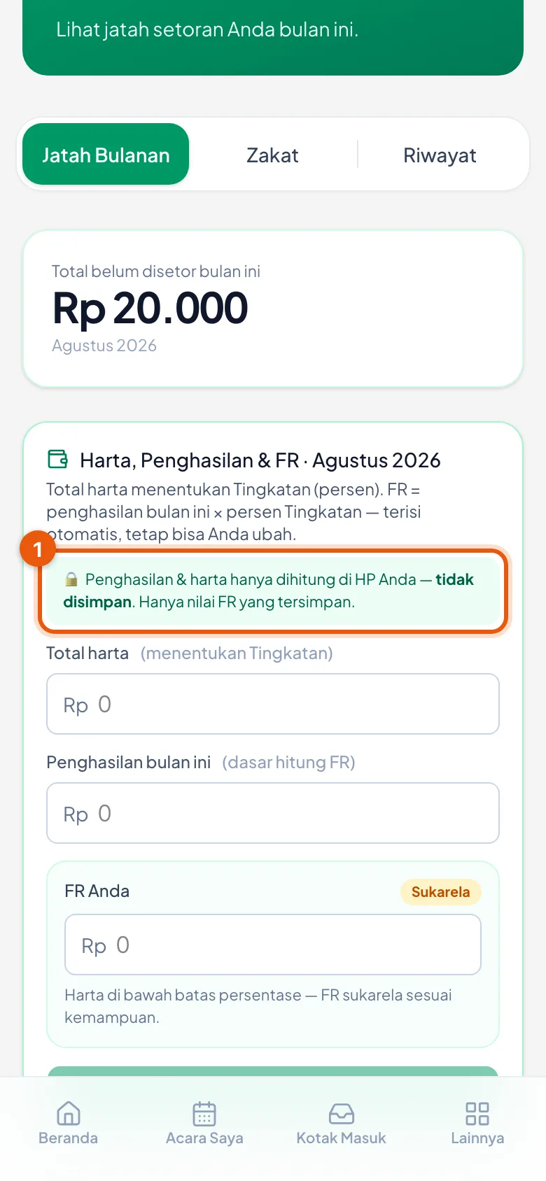 Hanya nilai FR yang tersimpan; harta dan penghasilan berhenti di HP Anda.