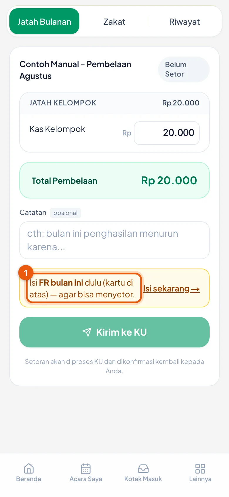 Tombol kirim tergantikan ajakan mengisi FR lebih dulu.