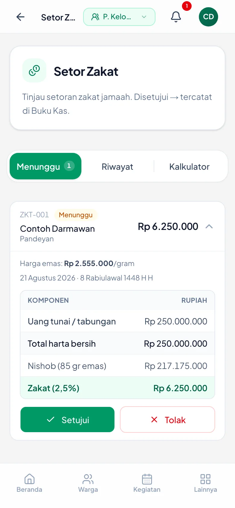 Rincian jamaah tersaji utuh, lalu dua tombol keputusan.