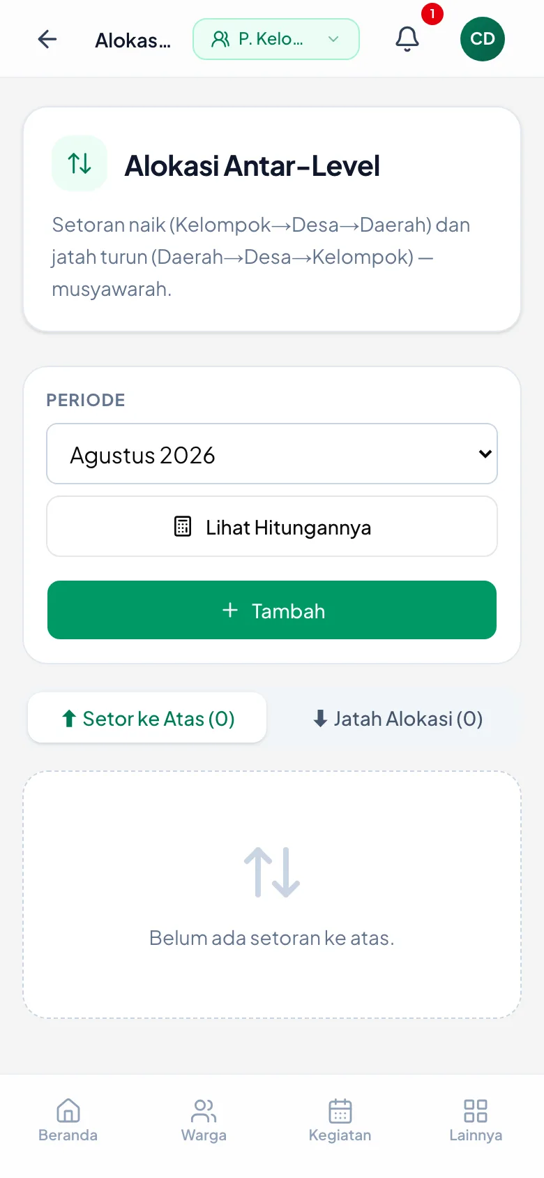 Dua tab: setoran yang naik, dan jatah yang turun.