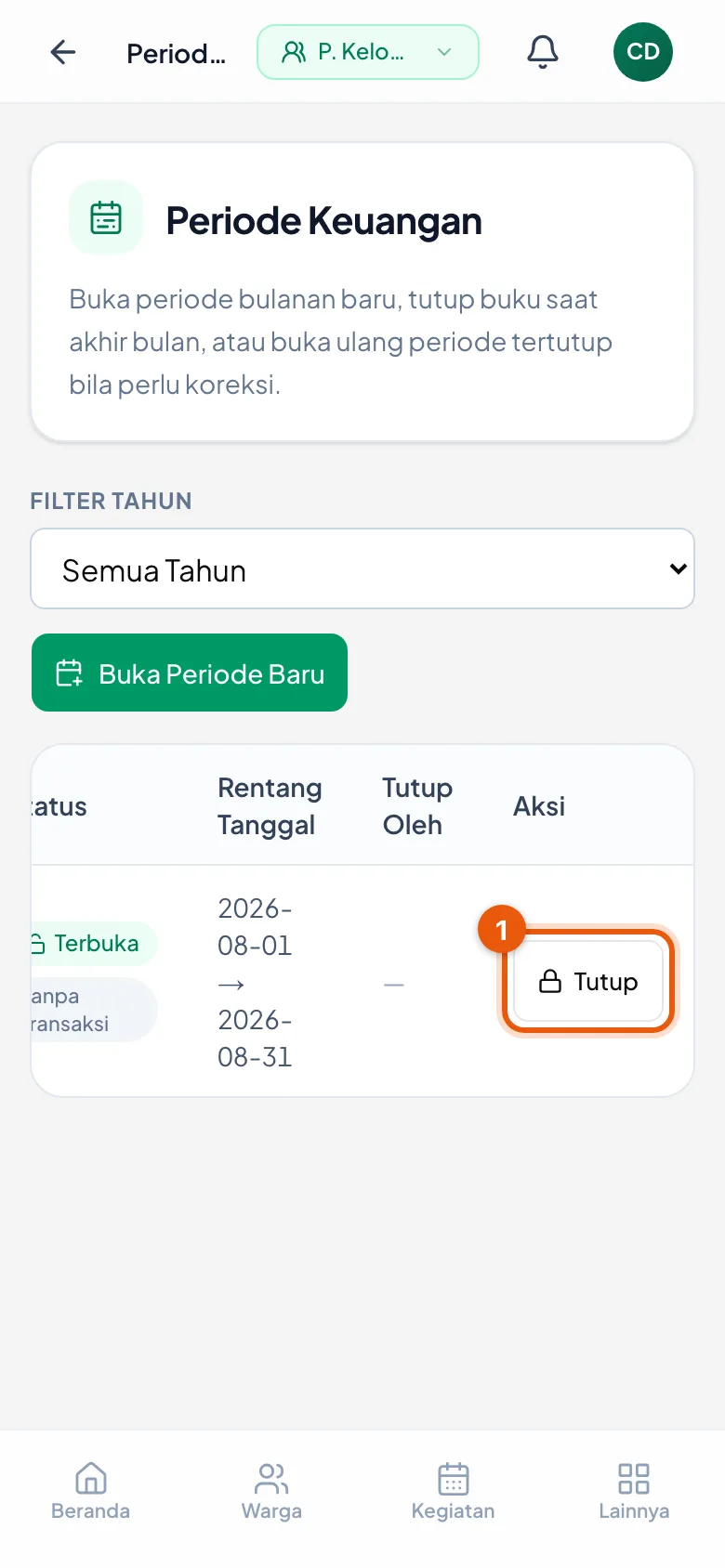Di HP kolom Aksi berada di luar layar — geser tabel dulu untuk mencapainya.