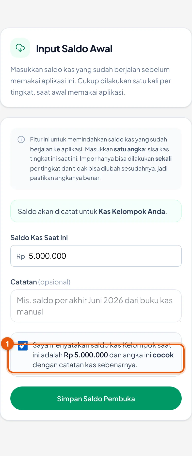 Satu angka, satu catatan, dan satu pernyataan yang harus dicentang.