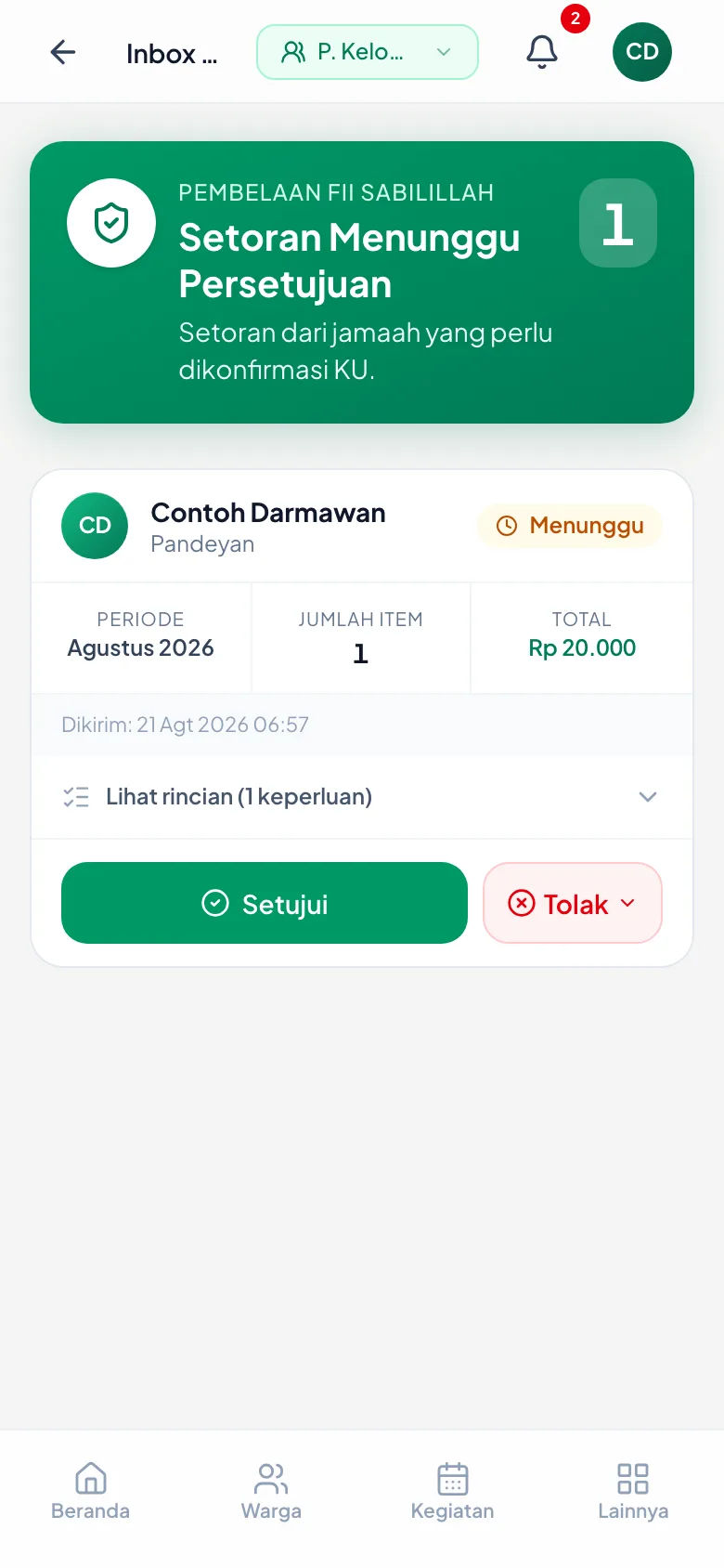 Satu setoran menunggu: pengirim, periode, jumlah item, dan totalnya.
