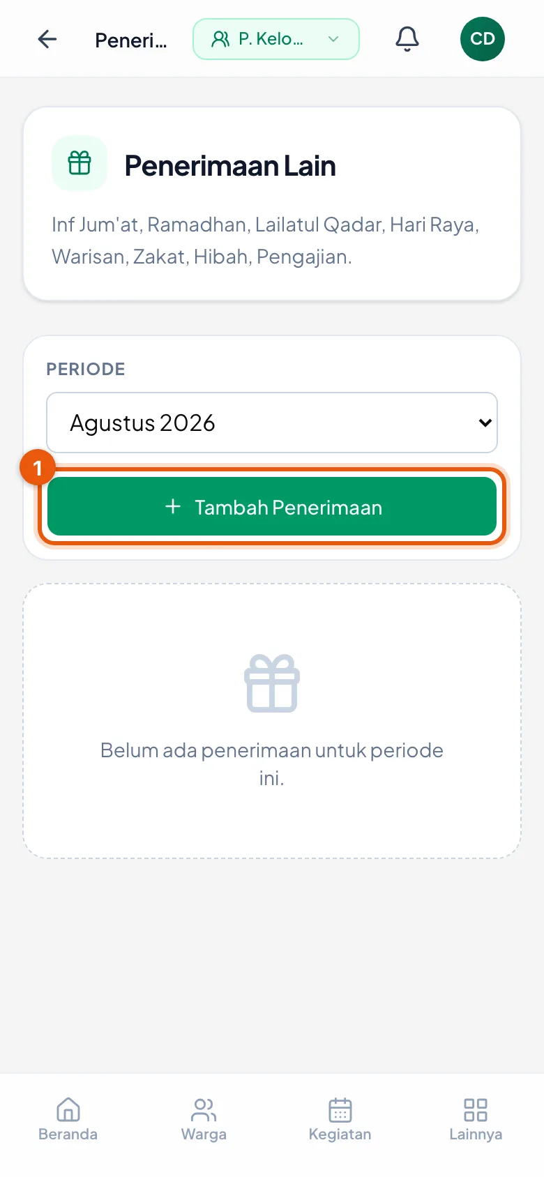 Layar Penerimaan Lain sebelum ada apa pun. Tombol Tambah Penerimaan ada di atas daftar.