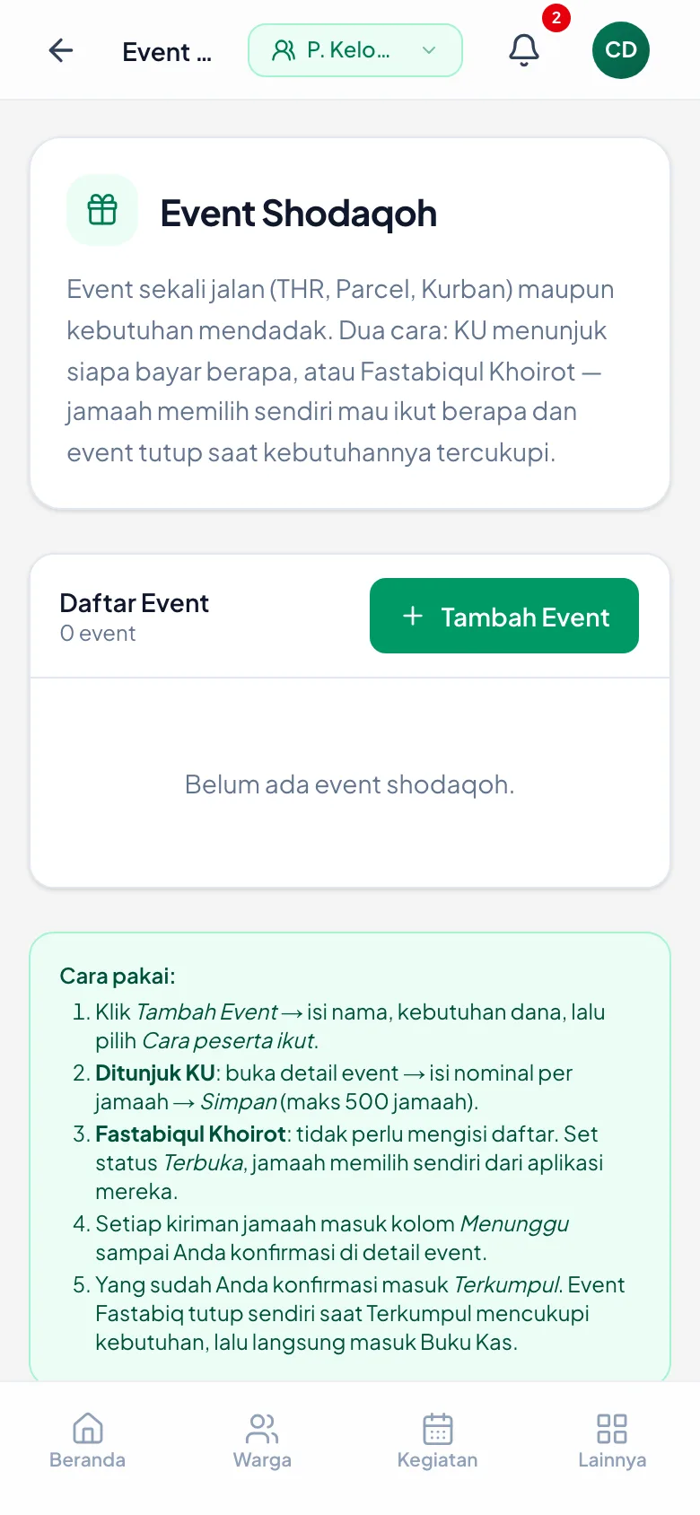 Layar sebelum event pertama dibuat.