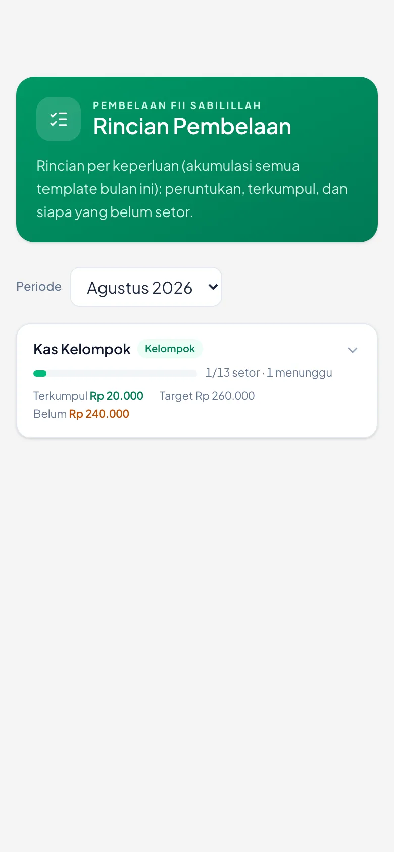 Terkumpul, target, dan sisanya untuk tiap keperluan.