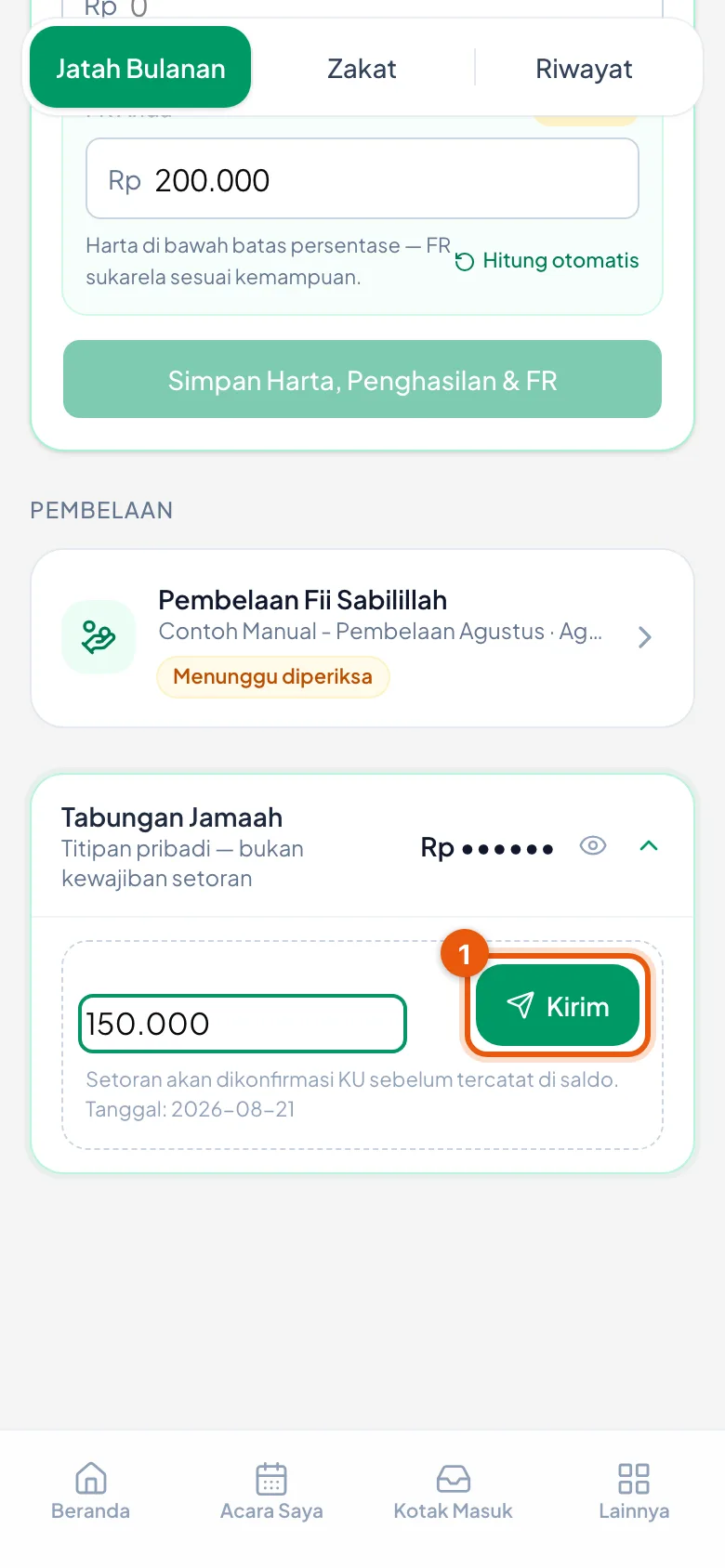 Jumlah diisi, lalu Kirim. Tanggalnya selalu hari ini.