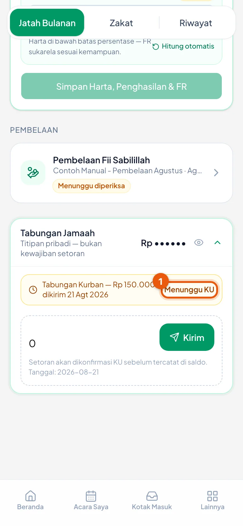 Jumlahnya sudah tercatat, tapi belum menambah saldo sebelum KU mengonfirmasi.