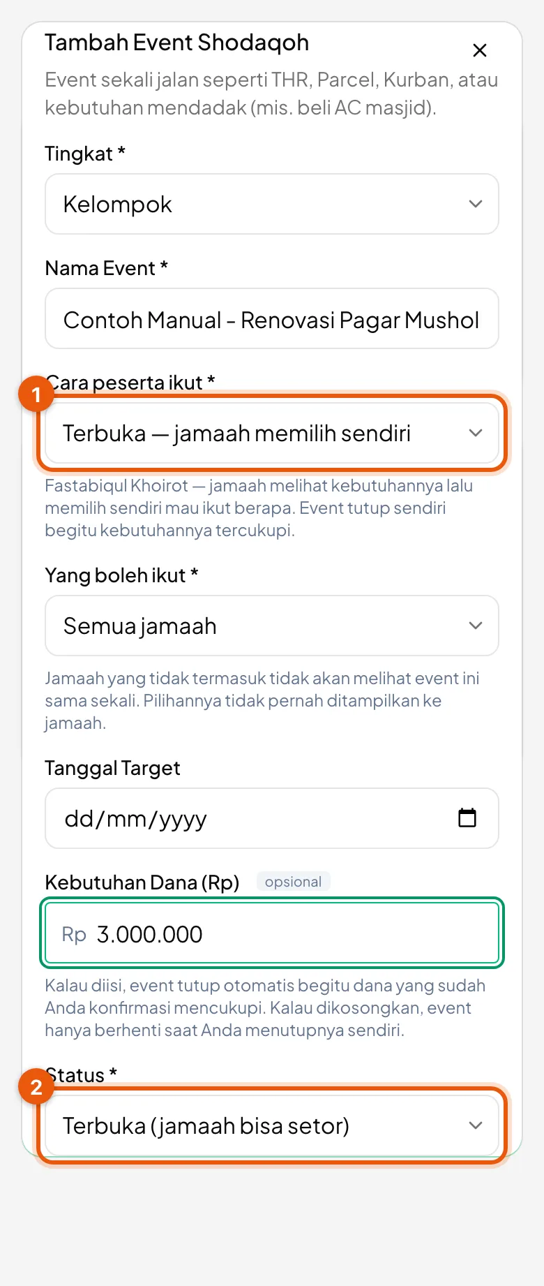 Cara peserta ikut dan Status. Melewatkan yang kedua membuat event tidak terlihat jamaah.