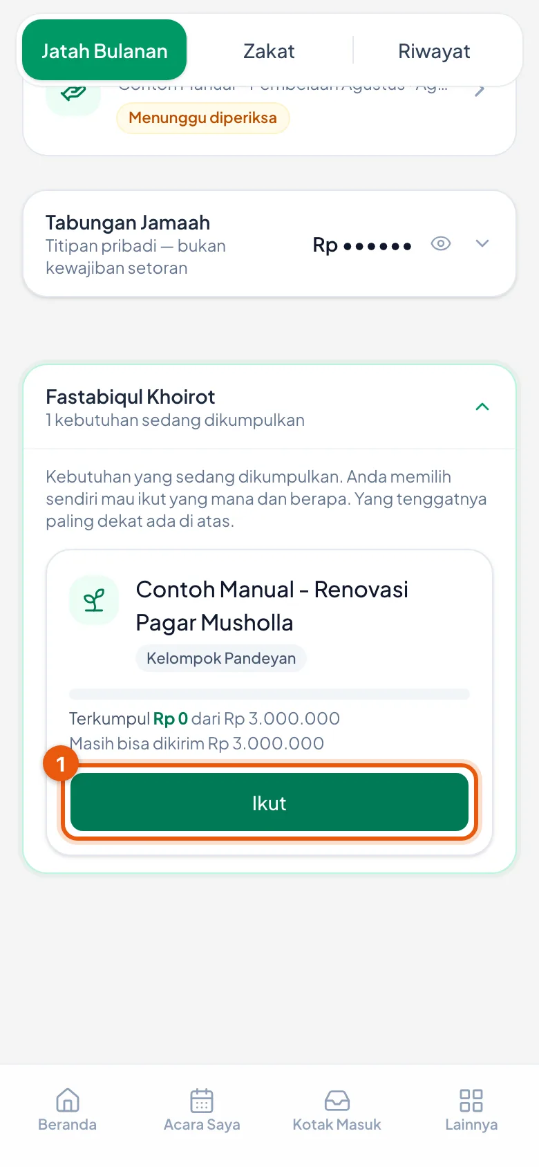 Judulnya Fastabiqul Khoirot, dengan tombol Ikut di bawah keterangan kebutuhan.