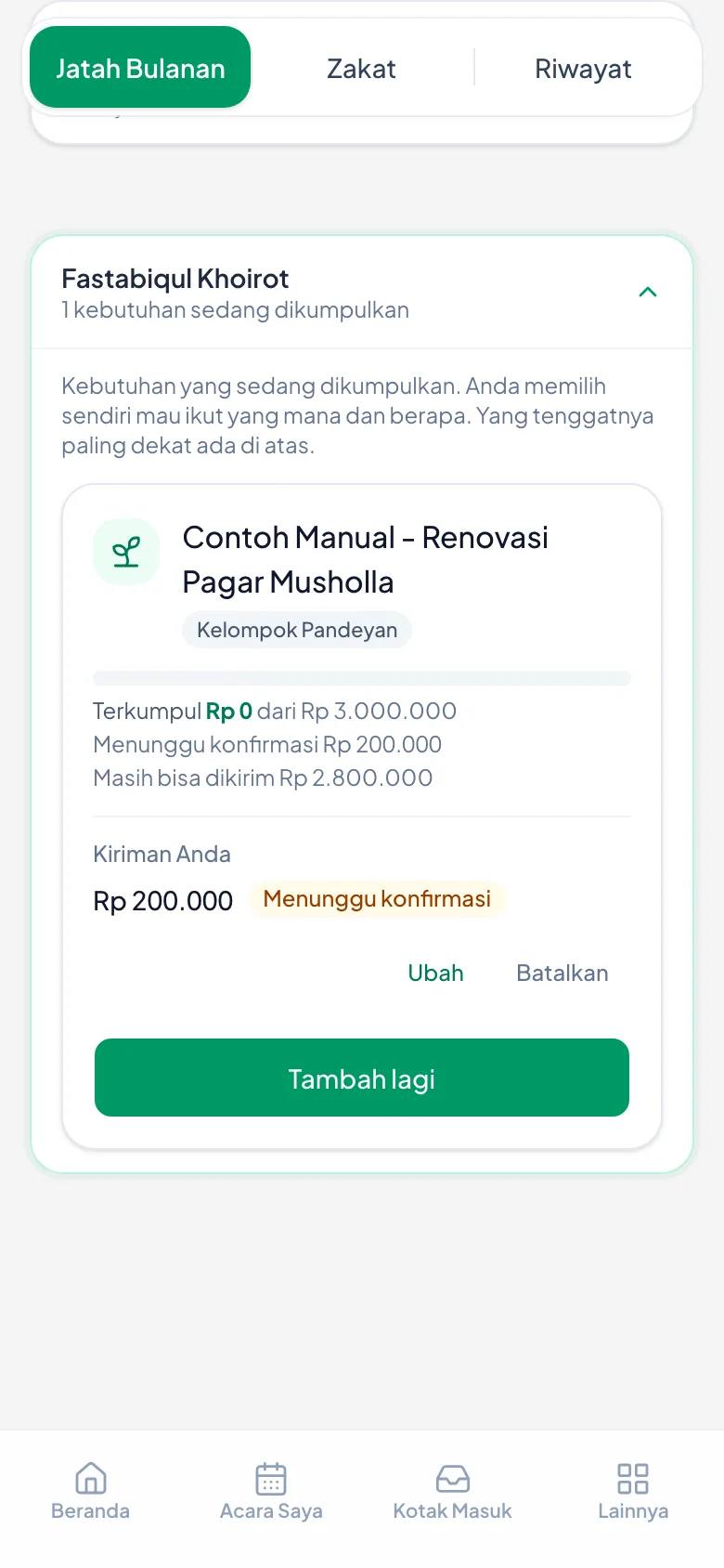 Terkumpul masih Rp 0; yang berubah baru angka yang masih bisa dikirim.