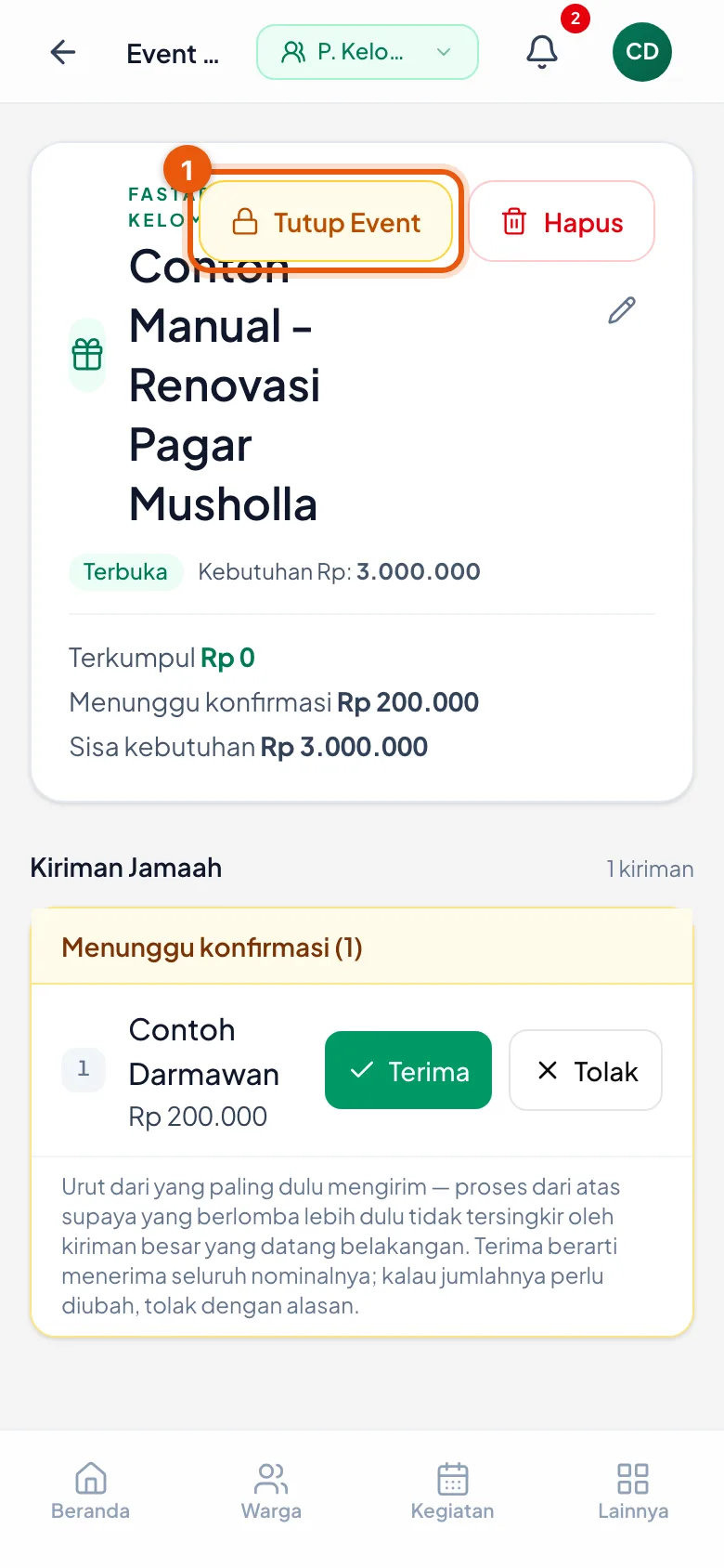 Satu-satunya pintu yang memindahkan uang event ke Buku Kas.
