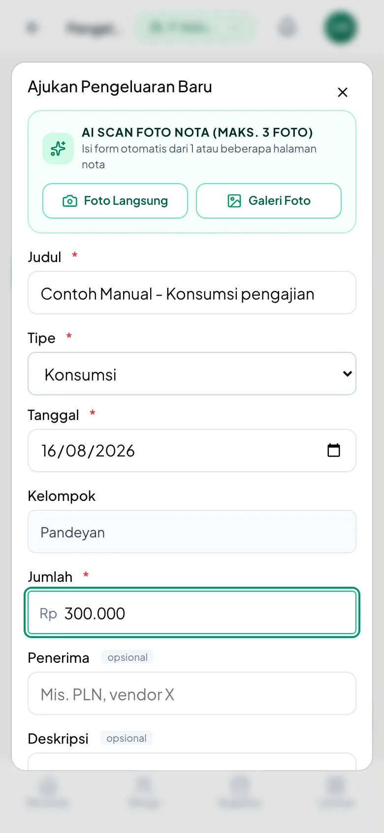 Tombolnya berbunyi "Ajukan" — pengeluaran belum tercatat sampai Imam menyetujui.