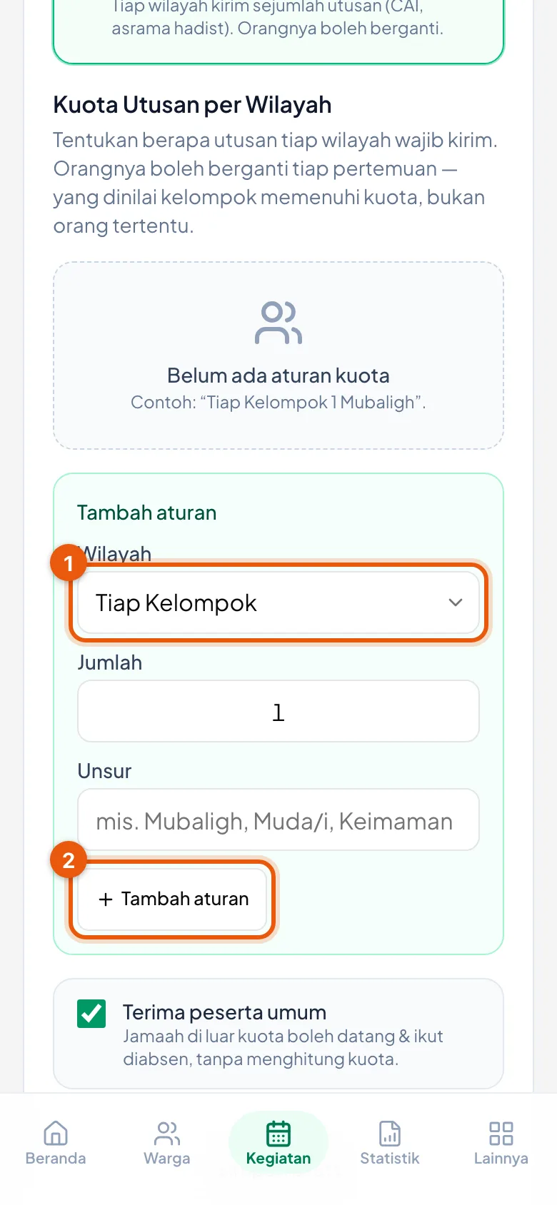 Peragaan: Nomor 1 pilihan Wilayah, nomor 2 tombol Tambah aturan.