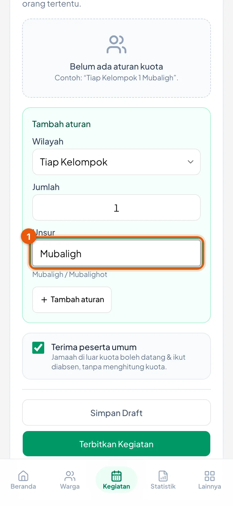 Peragaan: Nomor 1 kolom Unsur beserta daftar sarannya.