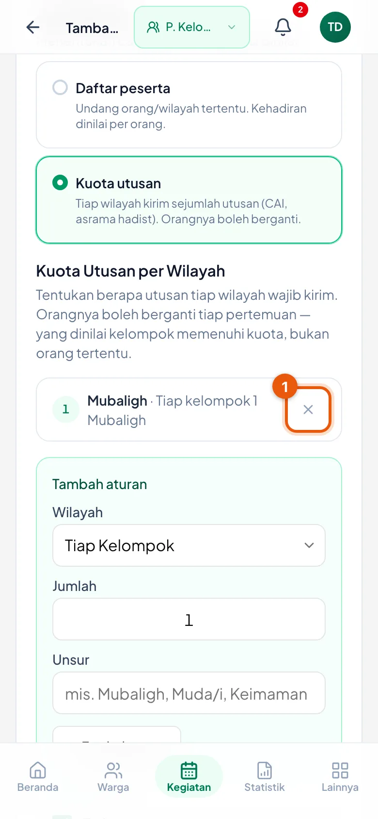 Peragaan: Baris aturan beserta ringkasannya; nomor 1 tanda silang untuk membuangnya.