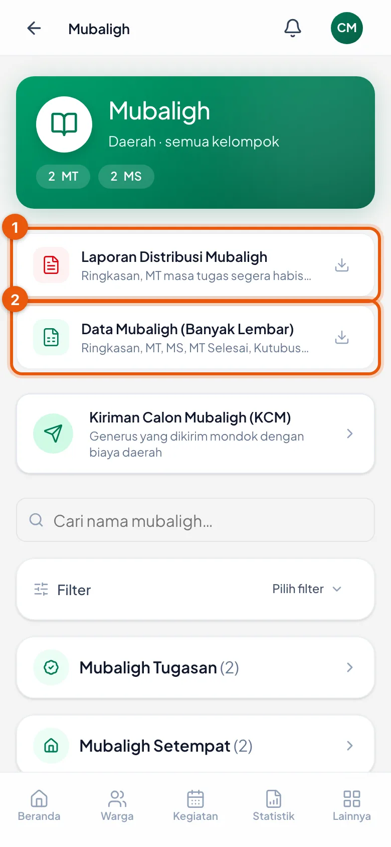 Laporan Distribusi Mubaligh (1) menghasilkan PDF, Data Mubaligh (Banyak Lembar) (2) menghasilkan Excel.