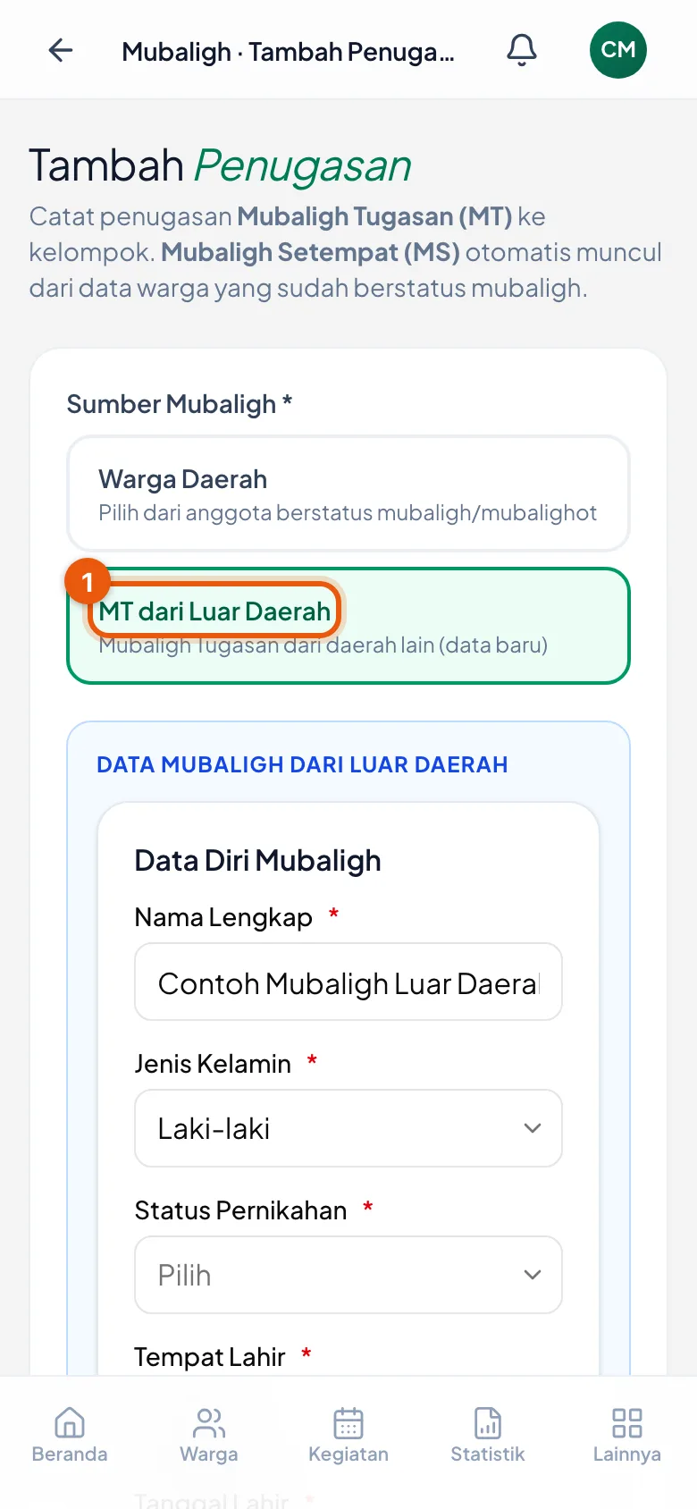 Pilihan ini hanya tampil untuk pengurus Daerah, dan membuka sub-formulir data mubaligh.