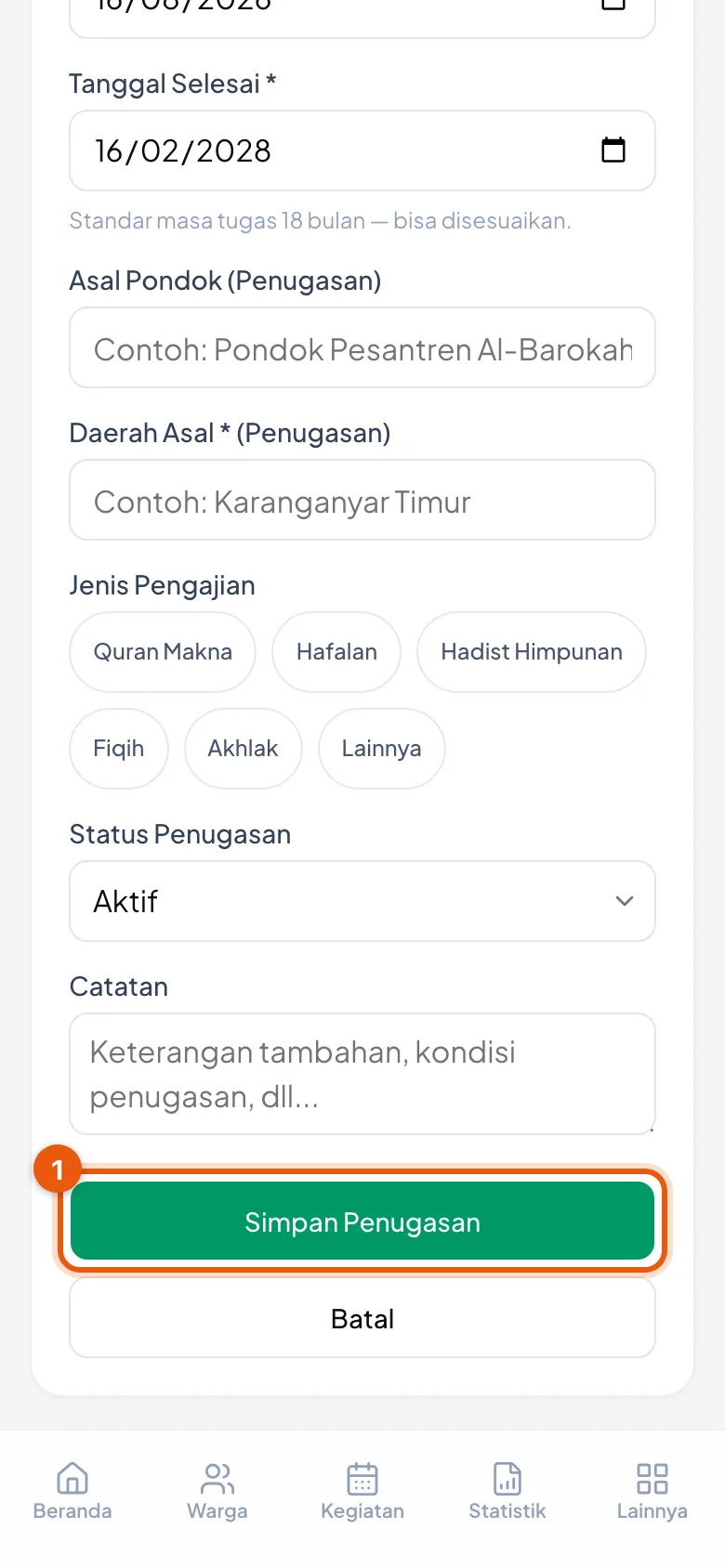Data diri, kelompok tujuan, dan tanggal mulai terisi — tombol Simpan Penugasan siap ditekan.