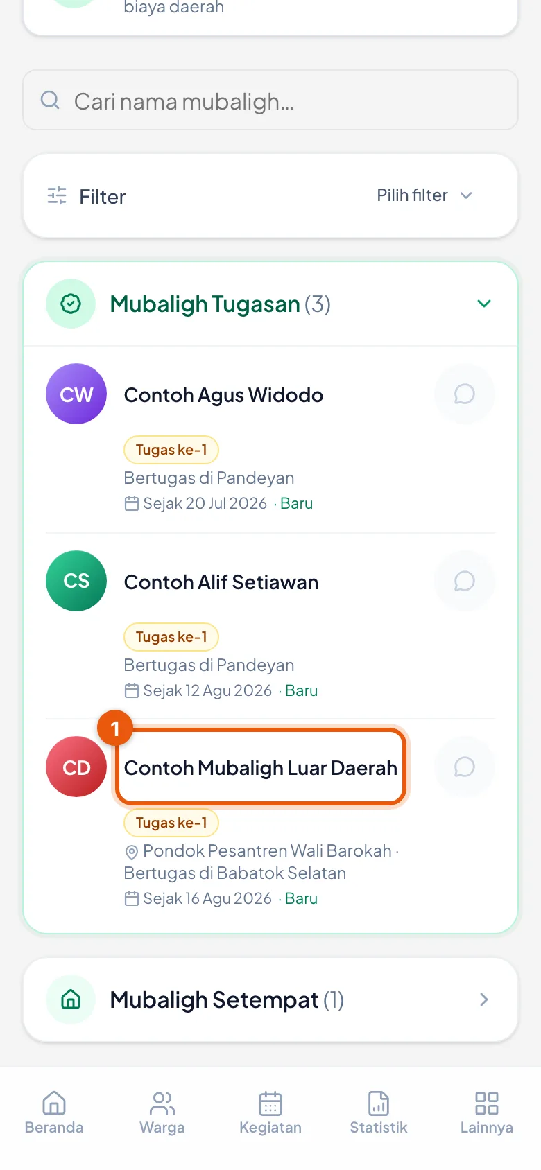 Sesudah disimpan, ia berdiri di daftar Mubaligh Tugasan seperti MT lainnya.
