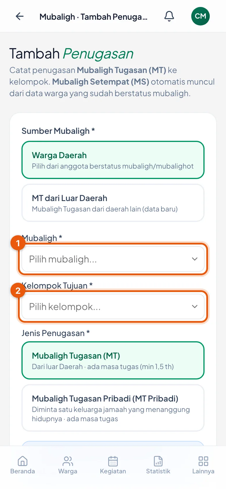 Sumber Mubaligh dipilih lebih dulu, lalu Mubaligh (1) dan Kelompok Tujuan (2).