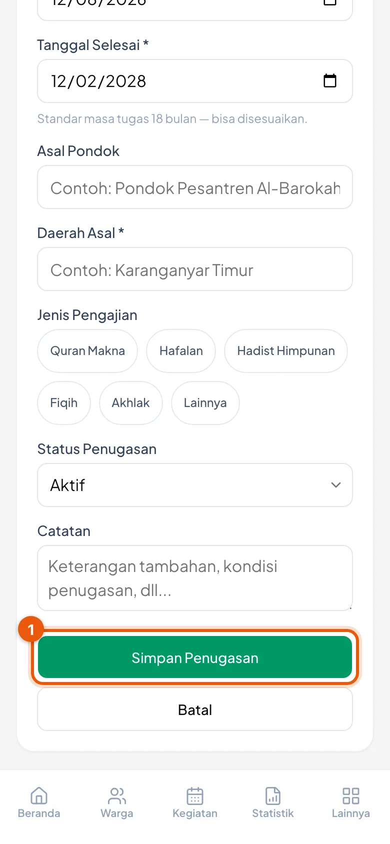 Sesudah mubaligh, kelompok, dan tanggal mulai terisi, tombol Simpan Penugasan siap ditekan.