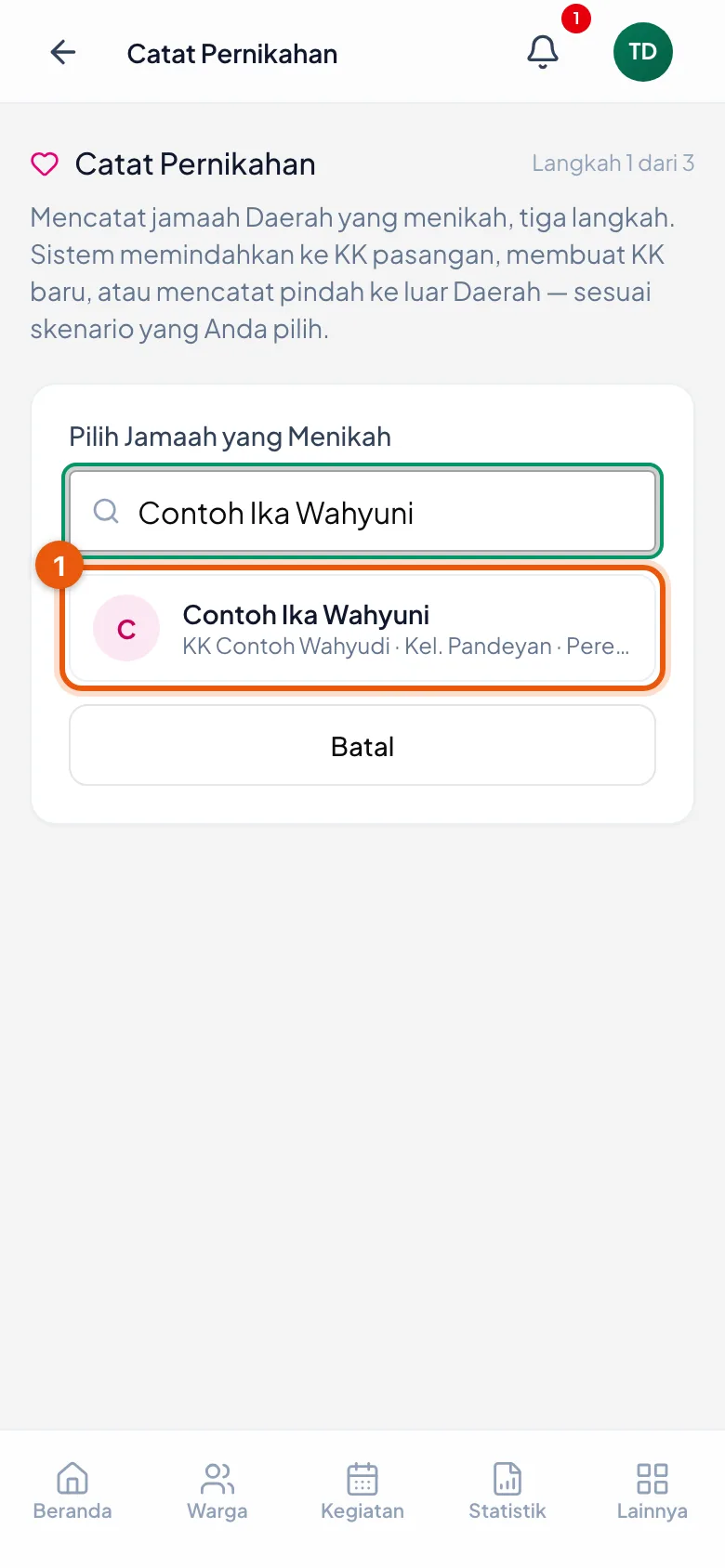 Penanda Langkah 1 dari 3 ada di bawah judul halaman; hasil pencarian menyebutkan KK dan kelompok tiap orang.