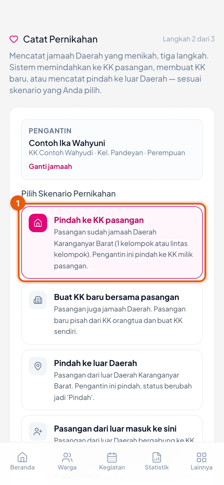 Yang disorot adalah Pindah ke KK pasangan. Keempat judul skenario terlihat di sini; penjelasan kartu terakhir ada di bawah layar — bunyinya disebutkan di daftar sebelum gambar ini.