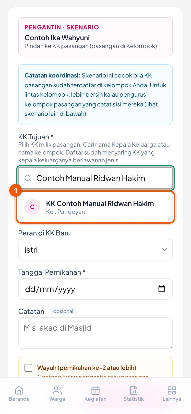 Daftar KK muncul setelah nama kepala keluarganya diketik; tiap baris menyebutkan kelompoknya.